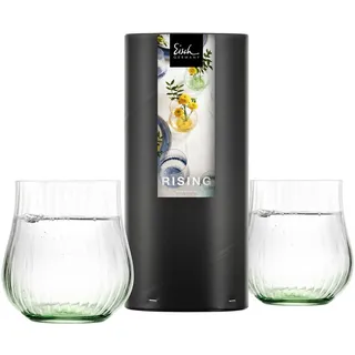 EISCH Rising Allround Becher, 400 ml, Wassergläser mit optischem & haptischem Relief, Handbemalter Boden, Kristallglas, 2 Stück in Geschenkröhre, Grün