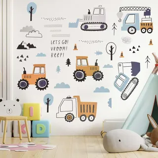 Wandaufkleber Kinderzimmer Auto, Baufahrzeuge Wandtattoo, 6 Blätter Baustelle Wandaufkleber, Traktor Digger Bagger Lastwagen Kranwagen Sticker für Schlafzimmer Kindergarten