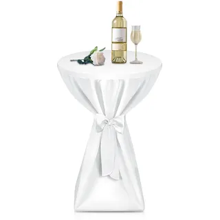 Premium Stehtischhussen 80 cm Blickdicht Weiß - Edle Microfaser Hussen Tischhussen für Stehtische 80cm Rutschfest Bügelfrei & Waschbar Stehtischüberzug Schleifenband, für Bistrotische Bartische