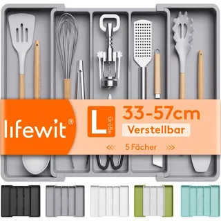 Lifewit Besteckkasten für Schubladen, Großer Utensilienständer Erweiterbar auf 57 cm, verstellbarer Kunststoff Organizer Küche Tiefe 38 cm, Besteckeinsatz für Messer/Gabel, Grau