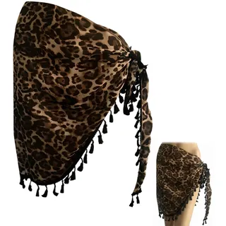Sarong Damen Strand Wickelrock mit Fransen Leopard Print Strandtuch Groß Pareo Tuch Chiffon Bikini Cover Up Sommer Strandrock für Urlaub Pool 50x180 cm Schwarz