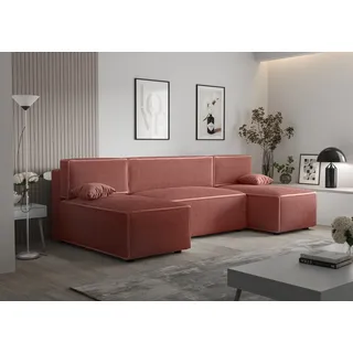 Ecksofa Alvito U, Farbe: Rosa. Material: Kord. A: B: 290 cm,H: 85 cm,Tiefe: 105 cm, Eckcouch, Schlafcouch, Sofa bed, Schlafsofa - Rosa