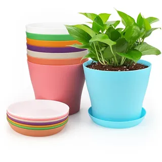 KINGLAKE 8 Stück 10cm Blumentöpfe Pflanztöpfe Klein, übertopf Pflanztopf Anzucht Plastik mit Untersetzer, Blumentopf kunststoff Set, Topf Kleine Flower Pot für Pflanzen Kakteen Sukkulenten-Bunt