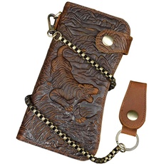 Echtes Leder Lange Brieftasche mit Reißverschluss Tasche Vintage Bifold Scheckheft Geldbörse (Chain Wallet2)