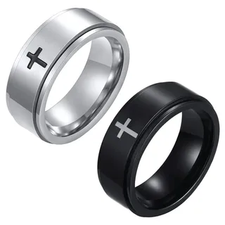 JewelryWe Schmuck 2pcs Fidget Angst Ringe Herren Edelstahl Kreuz Anti-Angst Spinner Ring Drehringe Roller Bandringe Stressabbauende Band Gravur Schwarz Silber Größe 54
