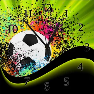 Wallario Design Wanduhr Fußball - Design Wellen und Regenbogen in grün aus Echtglas, Größe 30 x 30 cm - Schwarz