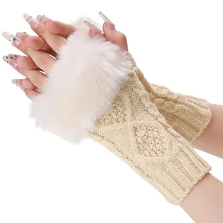 CABODYALS 2 Paar Weiße Pelzige Fingerlose Handschuhe Weiche Flauschige Strickhandschuhe Mit Daumenloch Beige Winter Häkel Armstulpen Ärmel Aus Kunstpelz Handgelenksfäustlinge Für Frauen Malen Fotograf