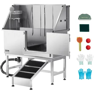 Vevor Hundewaschstation Edelstahl, 1270x580x1495 mm Tierpflegewanne mit Rampe, PE-Wasserfilterplatte, Wasserhahn, Duschkopf & Seifenhalter, für große, mittelgroße & kleine Haustiere (rechte Tür)