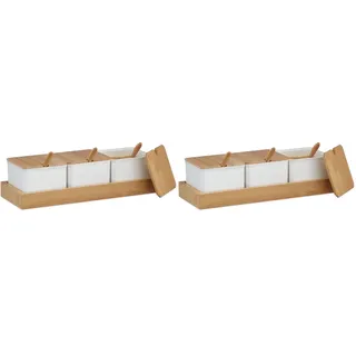 Relaxdays Gewürzbehälter 3er Set, Gewürzdosen mit Löffel & Deckel, Kunststoff, Bambus, Zuckerdosen mit Tablett, weiß, 11 x 30 x 13 cm (Packung mit 2)