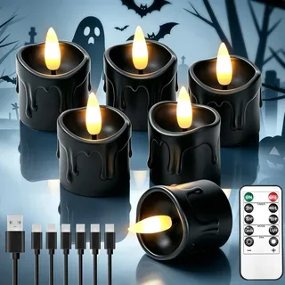 6 Stück Wiederaufladbare Mini Led Kerzen mit Fernbedienung Timerfunktion | 4 x 5,5cm Flammenlose Klein Led Teelichter für Hochzeiten Partys Halloween Weihnachten Heimdekoration (Schwarz)