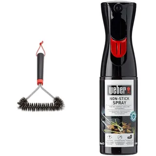 Weber Three-Sided Grill Brush Dreiseitige Grillb rste, 30 cm, Schwarz/Silber, 6277 & 17685 Antihaft Spray, Grillrost-Pflege, Non-Stick Spray, 200 ml, Schwarz, 25.0 x 6.0 x 9.0 cm