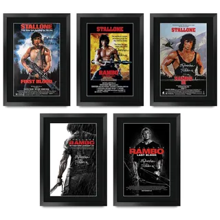 HWC Trading FR A3 Rambo Collection Sylvester Stallone Gifts gedrucktes Poster, signiertes Autogrammbild für Film-Fans, A3, gerahmt