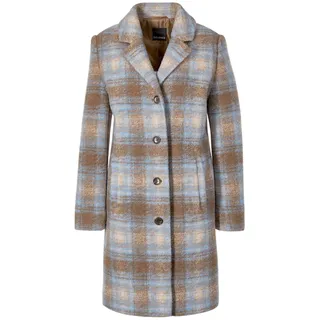 Langmantel GOLDNER "Kurzgröße Kurzgröße - Karo-Wollmantel", Damen, Gr. 24, braun (camel, hellblau, kariert), Obermaterial: 58% Wolle WO. 33% Polyester PES. 9% Polyacryl PAN., figurumspielend, Sonstiges, Mäntel Langmantel, Moderne Farbgebung