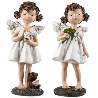 DRW 2er Set Engeln mit stehenden Locken mit Kerze und Blume 21 cm, Harz, weiß