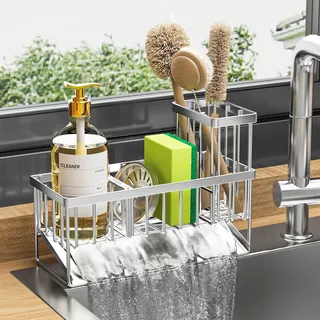 Cisily Spülbecken-Caddy Schwammhalter für Küche, 304 Edelstahl, rostfrei, Küchenspüle Caddy mit hohem Bürstenhalter, Geschirrschwamm-Organizer mit Trennwand (Silber)