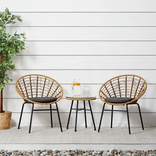 Homestyle4u 3-teiliges Gartenmöbel-Set Balkonmöbel Rattan Natur Tisch & 2 Sessel - Braun