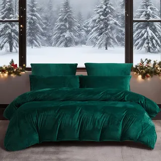 YASMENG Winter Bettwäsche 220x240 Dunkelgrün Warm Kuschelig Flauschige Bettwäsche Winter Weich Warme Samt Plüsch Fleece Flanell Bettbezug Set 3 Teilig mit Reißverschluss und 2 Kissenbezüge 80x80 cm