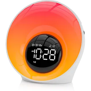 Wecker mit Sonnenaufgang Tageslichtwecker Geschenke Geräuschmaschine mit 30 beruhigende Klänge,Wake Up Light Nachttischlampe Dimmbar 16 Helligkeit 14 Farbe Schlafzimmer Lichtwecker mit Doppelalarm