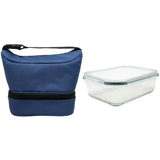 NERTHUS FIH 1503 Thermo-Lunchbox schwarz mit luftdichtem Behälter aus Glas 640ml, Lunchbox mit Doppelfach, isolierte Innenseite mit Griff, ideal für Arbeit und Büro