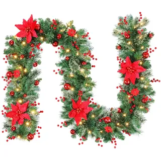 Lewondr Weihnachtsgirlande mit Beleuchtung, 2,7m 50LED Warm Batteriebetrieben Girlande Lichter mit Timer, Weihnachtsdeko Innen für Treppen Geländer Kamin Kaminsims Verand, Rote Blume & Kugeln