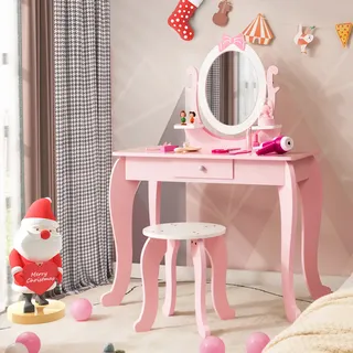 COSTWAY Schminktisch-Set für Kinder, 2-in-1 Kinder Schreibtisch aus Holz mit Hocker, ovalem drehbarem Spiegel, Schublade, Frisiertisch & Stuhl für Mädchen von 3–7 Jahren - Rosa, Weiß