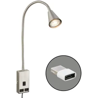 Briloner - Leselampe mit USB Port, Ein/Aus-Schalter, schwenkbar, Stecker, Wandleuchte Innen, Wandlampe, Bettlampe, Lampe Bett, Leselicht, Nachttischlampe, 50 cm hoch, Matt-Nickel