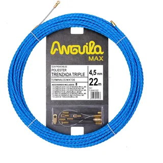 Anguila Max Einziehdraht Polyester 3-fach gem. Enden ⌀4.5mm 22m | Starr in Geraden, flexibel in Kurven; knickfest und reibungsarm; gemischte Endköpfe; inkl. 8 Zubehörteile.