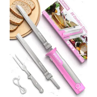 EZUVITA 8V Elektromesser, Kabelloses Küchenmesser mit 2 Edelstahlklingen, Elektrisches Messer mit Gabel, austauschbarer 2000-mAh-Akku, geeignet für Truthahn, Fleisch, Geflügel, Brot, Käse (Rosa)