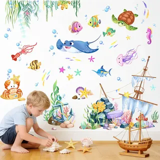 Tanlaby Wandtattoo Unter dem Meer Wandaufkleber Ozean Abenteuer Fische | Schatzsuche DIY Maritime Wandsticker für Kinderzimmer Babyzimmer Schlafzimmer Badezimmer Wanddeko