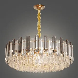 WISFOR Luxus Hängeleuchte Kronleuchte aus Kristall Rund, 40cm LED Hängeleuchte, Höhenverstellbar Dimmbar Klassische Deko-Deckenleuchte für Wohnzimmer, Esszimmer, offene Küche, Flur, Schlafzimmer [++] - Gold, Transparent, Grau