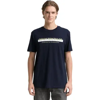 TOM TAILOR Denim Herren Slim Fit T-Shirt mit Logo-Print aus Baumwolle, sky captain blue, M