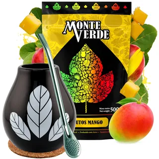 Monte Verde Yerba mate-tee Set 500g | Keramik mate-tee tasse Hoja Black kalebassen mate becher 350 ml | Brasilian mate tee mit Mango Frucht 500g | Edelstahl Trinkhalm Bombilla | Mate Tee aus Brasilien