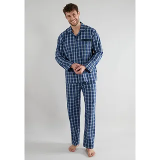 Schlafanzug GÖTZBURG "Clubhouse", Herren, Gr. 58 (XXXL), blau (blau, dunkel, karo), Single Jersey, Obermaterial: 100% Baumwolle, kariert, lang, V-Ausschnitt, Homewear-Sets Schlafanzug, Karomuster, Brusttasche, Baumwolle, kühlender Effekt, weich
