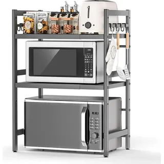Erweiterbares Mikrowellenregal, 3-stufiges Mikrowellenregal, stehend für die Küche, Organizer, Mikrowellenständer, Küchenregal, Arbeitsplatte, Bäckerregal, Mikrowellenhalter mit 8 Haken