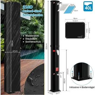 Solardusche/Gartendusche - Duschsäule - 40 l Tank - Outdoor Garten/Pool - Warm/Kalt Wasser - Aluminiumlegierung - Quadratische Basis - Schwarz