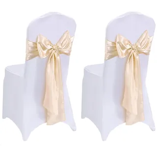 Tomuvpzn 2 Stück Stuhlhussen Weiß, Universell Hochzeit Elegante Stuhl Abnehmbarer Elasthan Stuhlhussen mit 2 Seide Champagnerfarbe Stuhlhusse Schleifen für Hochzeit Bankett Dining Küche Party