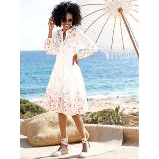 Druckkleid HEINE "Druck-Kleid", Damen, Gr. 44, Normalgrößen, bunt (ecru, orange, bedruckt), 100% Baumwolle, Unterkleid:100% Viskose, bedruckt, geblümt, gemustert, mehrfarbig, knielang, Rundhals, Kleider Druckkleid