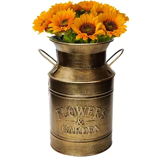 Fovasen Große Antik Gold Galvanisierte Milchkanne Vintage Landhausstil Bauernhaus Vase Primitive Blumenhalter für Home Office Hochzeitsdeko, 8,5" H