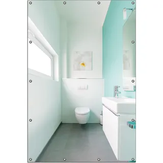 Wallario Outdoor-Poster für Garten oder Balkon, Motiv Badezimmer Gästetoilette Innenansicht - WC und Waschbecken, in ca. 120 x 180 cm - Türkis