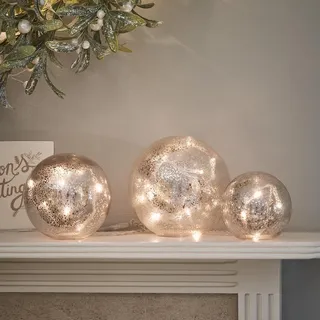 Lights4fun 3er-Set Glaskugeln mit Lichterkette | warmweiße LEDs | Quecksilber-Effekt | Batteriebetrieben mit Timer & Fernbedienung | Leuchtkugel Tischlampe Deko Innen | Unterschiedliche Größen