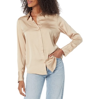 Amazon Essentials Damen Satin-Bluse mit Knopfleiste in klassischer Passform (in Übergröße erhältlich), Bräunen, XXL