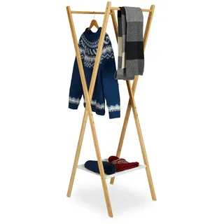 Relaxdays Kleiderständer klappbar, Bambus Holz, platzsparend, Ablage, 2 Kleiderstangen, HxBxT 156 x 50 x 50 cm, natu