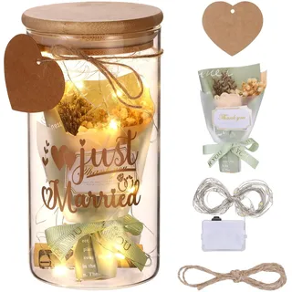 LED Flaschenlicht Hochzeitsgeschenke für Brautpaar, Geldgeschenk Hochzeit mit Trockenblumen, Anhänger und LED-Leuchten, Just Married Hochzeite Spardose, Geldgeschenke Hochzeit Verpackung