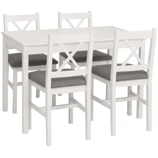 Mendler Esszimmer-Set HWC-F77, Sitzgruppe Esszimmergruppe, Massiv-Holz Kiefer Stoff Landhaus 110cm weiß Po