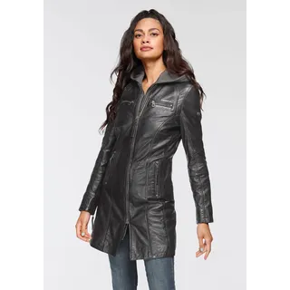 Ledermantel MAURITIUS "Bente", Damen, Gr. M/38, schwarz, Obermaterial: 100% Schafsleder. Futter: 100% Baumwolle. Kapuze: 55% Polyester, 45% Baumwolle. Ärmelfutter: 100% Polyester, kontrastfarbene Details, sehr figurbetont Po-bedeckend, mit Reißverschluss, Mäntel Ledermantel, 2-in-1-Lederjacke mit abnehmbarem Kapuzen-Inlay aus Jerseyqualität, Topseller