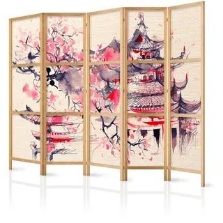 Muralo Paravent Japanischer 5-tlg 225x172 cm Bemalter Tempel , Rosa , Holz, Textil , Pinie , Vintage , Rechteckig , 225x172x3 cm , Wohnzimmer, Raumteiler, Paravents