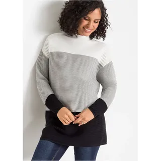 Longpullover BONPRIX "Gestreifter Long-Pullover", Damen, Gr. 36/38 (S), weiß (wollweiß, grau, schwarz gestreift), Rippstrick, Obermaterial: 50% Baumwolle, 50% Polyacryl, gestreift, oversize ca. Mitte Oberschenkel, hoch geschlossener Ausschnitt, Strickkante, Pullover Longpullover, Rippstrick mit Baumwollanteil, mit dezentem Stehkragen, colorblocking