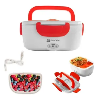 BEHOME Elektrischer Lunchbox 1.5L, 2 herausnehmbare Behälter, Stahlheizplatte, mitgeliefertes Plastikbesteck, rot