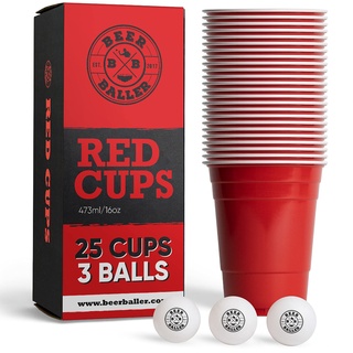 Party Becher Set - 25 Red Cups & 3 Bälle | spülmaschinenfest & wiederverwendbar | 473ml - 16oz Partybecher | rote Party Cups | Original American Party Becher