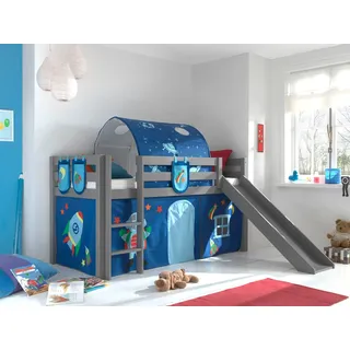 Vipack Hochbett »Pino, Spielbett massiv Kiefer, stabil gebaut, 3 Korpusfarben zur Wahl« inkl. Rolllattenrost, Leiter und Absturzschutz, mit oder ohne Rutsche, Textil-Set "Astronaut", inkl. Vorhang, mit oder ohne Tunnel, grau